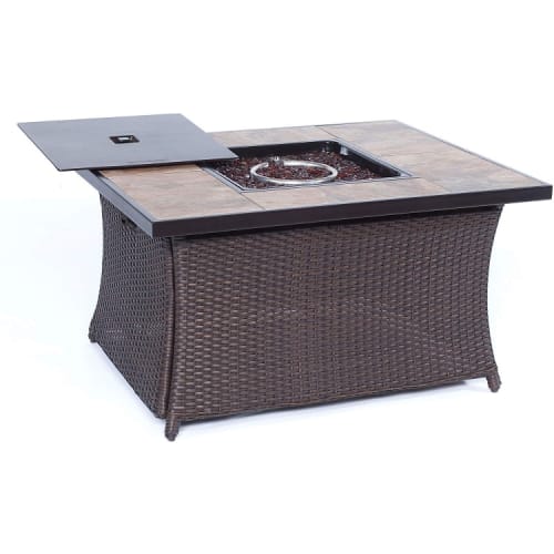 Hanover Woven Coffee Table Fire Pit with Porcelain Tile Top and Lid